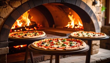Three pizzas near a roaring oven, ready for deliciousness