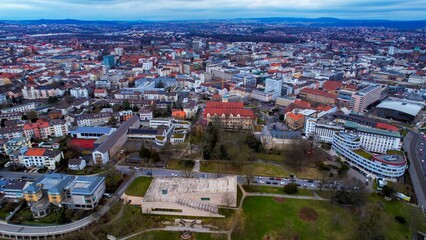 Aerial view of the downtown of the city Kassel in Germany on a cloudy afternoon in autumn