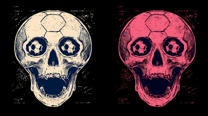 fractured iconography. | sharp edge masking | mid-century advertising | brutalist graphics | Vintage screaming skull football design; eyes replaced with soccer balls, silkscreen style, vintage
