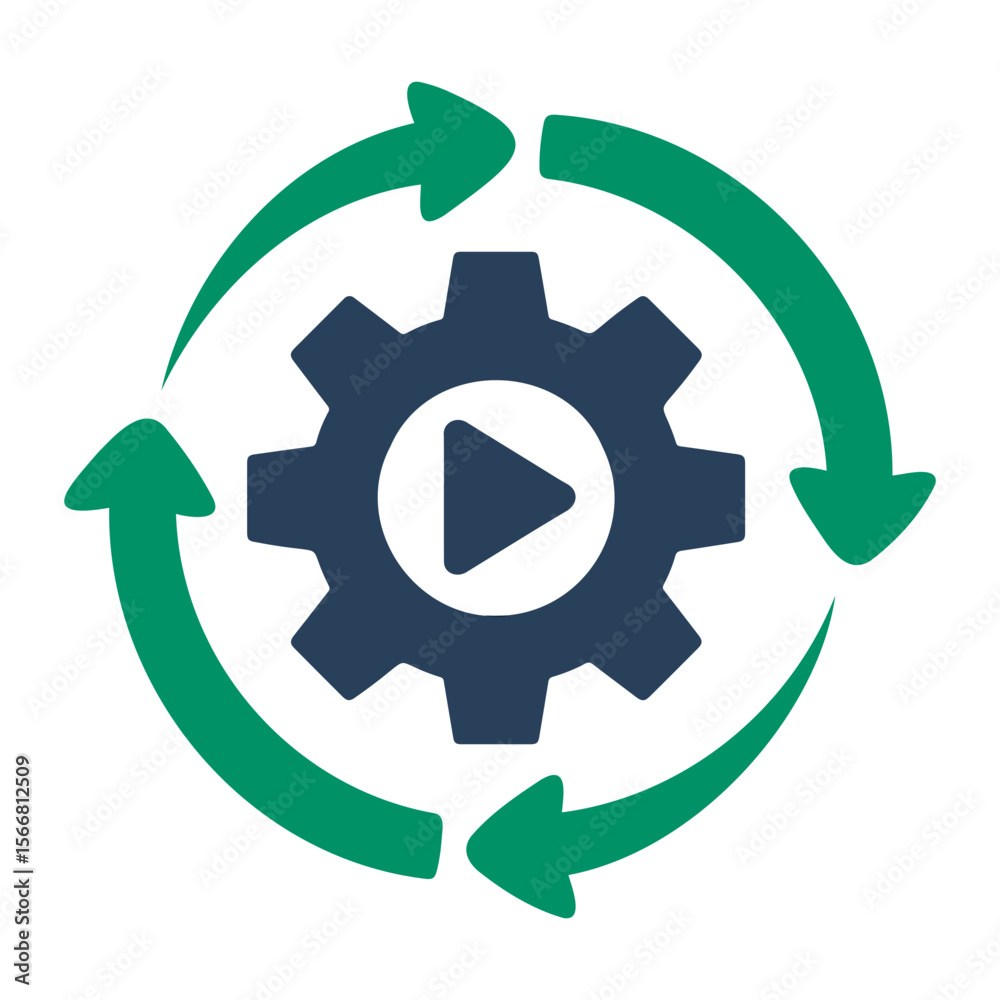 Poster a visual representation of a gear with a play button and circular arrows symbolizing process flow