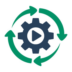 A visual representation of a gear with a play button and circular arrows symbolizing process flow