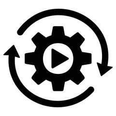 Black gear with play symbol inside and curved arrows revolving around it in a circular motion