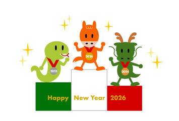 表彰台に上る干支動物の2026年（午年）年賀状