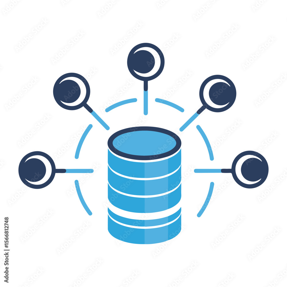 Poster illustration of a database server with connections to multiple endpoints, using a blue color scheme