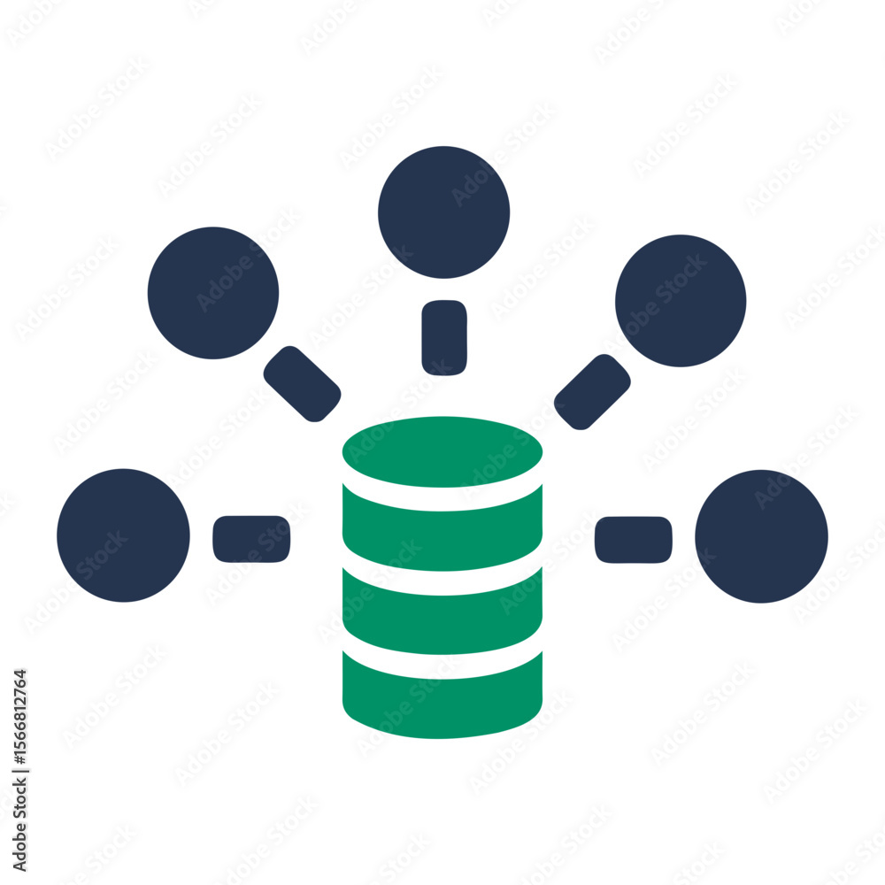 Poster illustration of a green database server connected to multiple dark blue network nodes around it