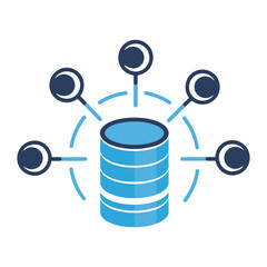 Illustration of a database server with connections to multiple endpoints, using a blue color scheme