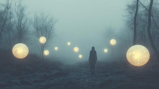 Misty forest path, ethereal glow. Woman walking