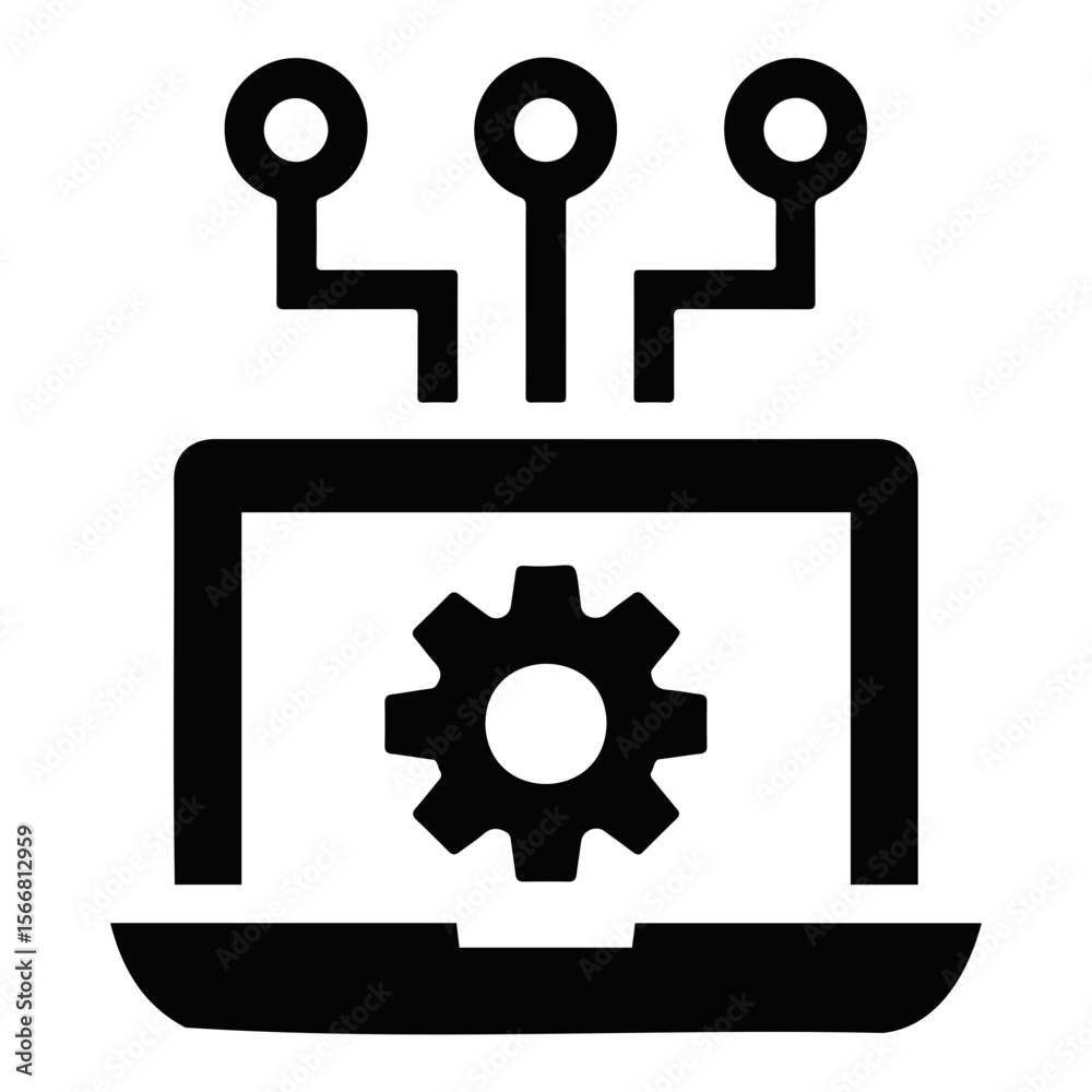 Poster laptop with gear and connected nodes representing technology and system configuration process