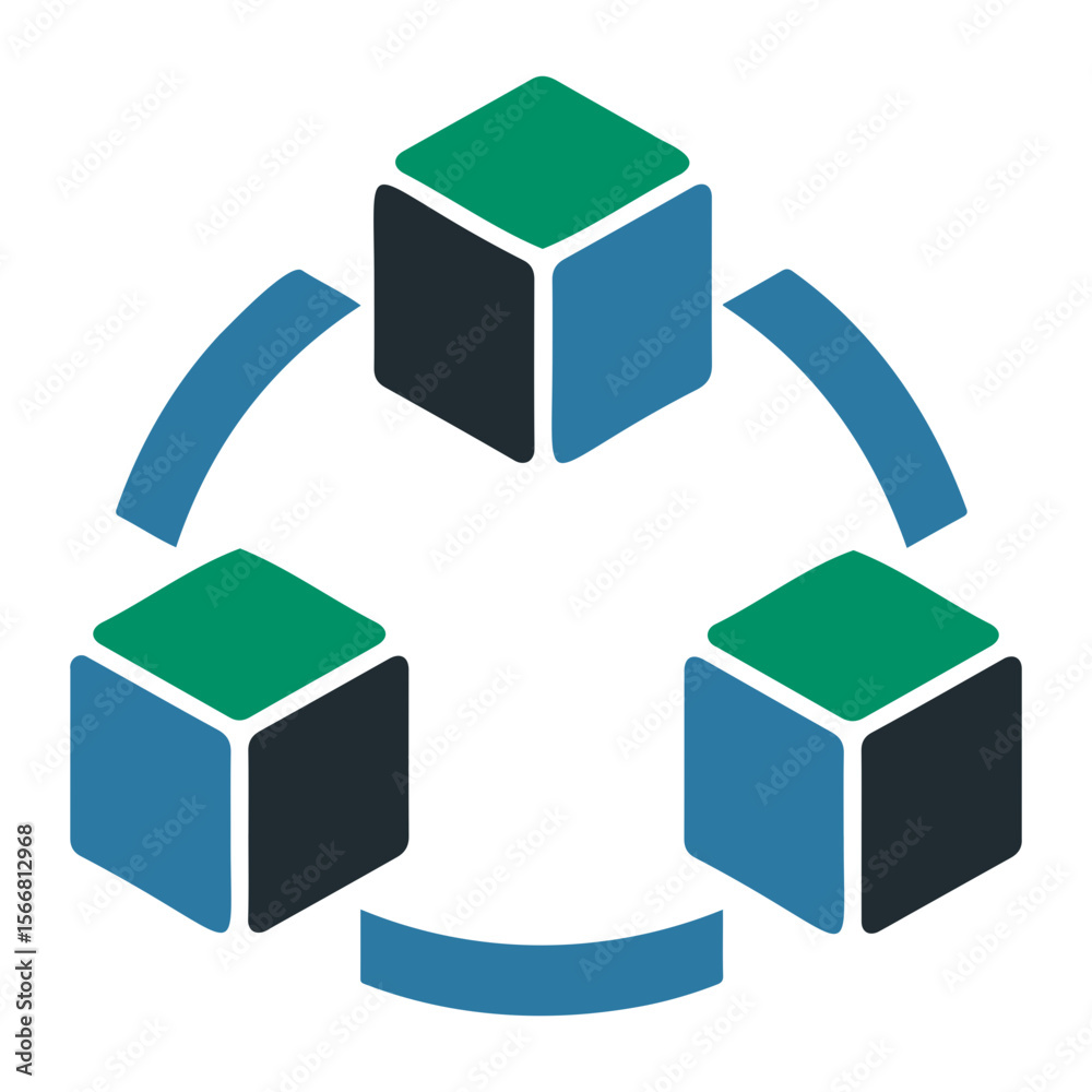 Poster three dimensional cubes arranged in a circular pattern with connecting arc segments design