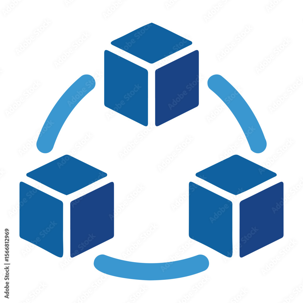 Poster three blue cubes arranged in a circular pattern with connecting arcs on a white background