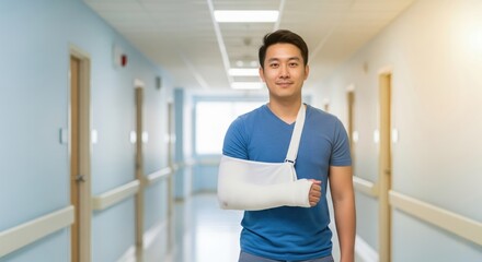 Young Man with Arm Sling in Hospital Corridor Smiling Confidently