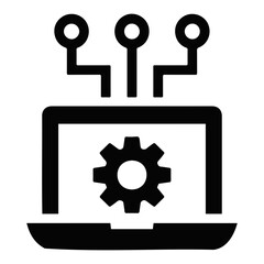 Laptop with gear and connected nodes representing technology and system configuration process