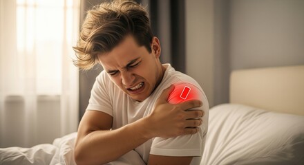 Young Man in Pain Gripping Shoulder While Sitting on Bed in Morning