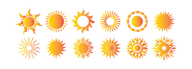 Colorful Sun and Sunset Icons Set. Summer, Sunrise, and Weather Symbol Collection. 