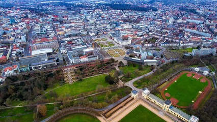 Aerial view of the downtown of the city Kassel in Germany on a cloudy afternoon in autumn