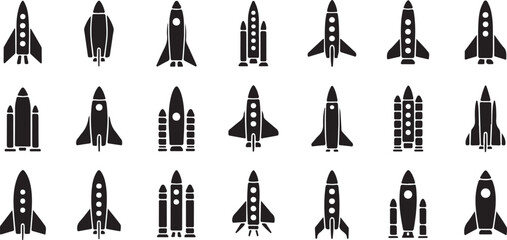Collection of Nineteen Black Rocket Silhouettes Vector Icons Spacecraft Launch Exploration Technology Startup Symbols