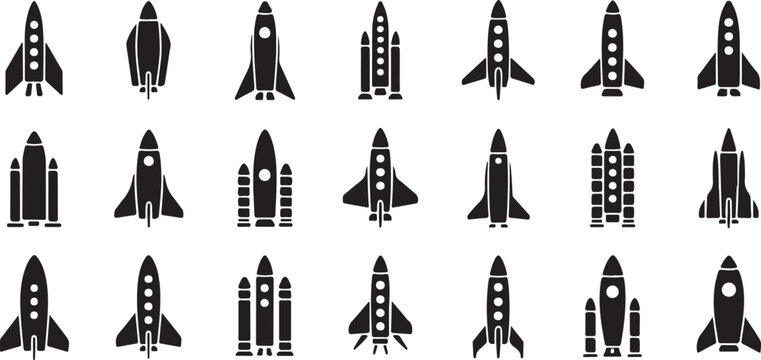 Collection of Nineteen Black Rocket Silhouettes Vector Icons Spacecraft Launch Exploration Technology Startup Symbols