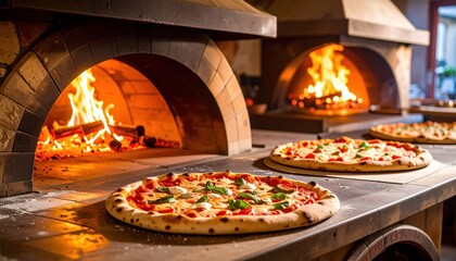 Two brick ovens with pizza, firelight & prepared pizzas