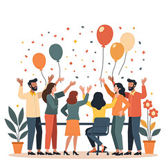 Happy retirement card illustration – diverse coworkers waving goodbye and celebrating colleague’s last day with balloons and confetti, flat vector style for office farewell and goodbye events