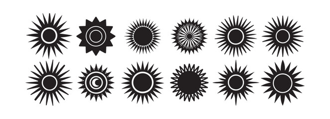 Black Sun Icon Set. Weather Symbols and Sun Silhouettes Collection. Victor illustration eps10