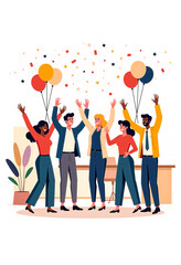 Happy retirement card illustration &ndash; diverse coworkers waving goodbye and celebrating colleague&rsquo;s last day with balloons and confetti, flat vector style for office farewell and goodbye events