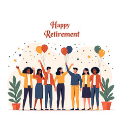 Happy retirement card illustration &ndash; diverse coworkers waving goodbye and celebrating colleague&rsquo;s last day with balloons and confetti, flat vector style for office farewell and goodbye events