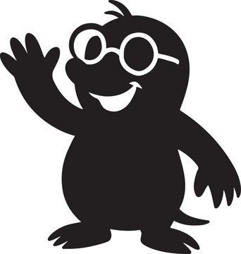 Cute mole character silhouette with glasses waving in cartoon style on white