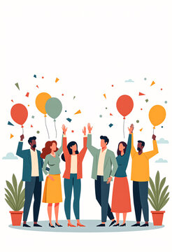 Coworkers celebrating colleague&rsquo;s retirement &ndash; joyful office farewell illustration with waving hands, balloons, and confetti in soft pastel vector style for greeting cards and HR materials