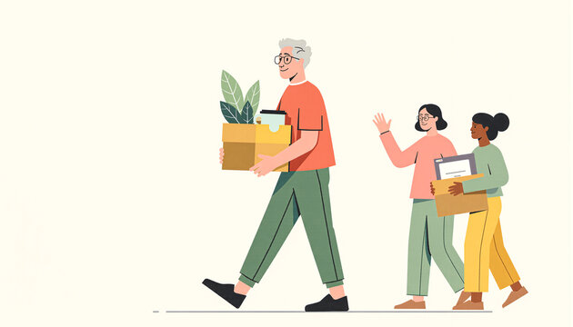 Happy retirement card illustration – diverse coworkers waving goodbye and celebrating colleague’s last day with balloons and confetti, flat vector style for office farewell and goodbye events