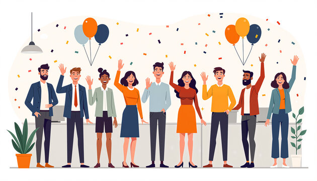 Happy retirement card illustration – diverse coworkers waving goodbye and celebrating colleague’s last day with balloons and confetti, flat vector style for office farewell and goodbye events