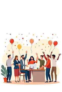 Happy retirement card illustration &ndash; diverse coworkers waving goodbye and celebrating colleague&rsquo;s last day with balloons and confetti, flat vector style for office farewell and goodbye events