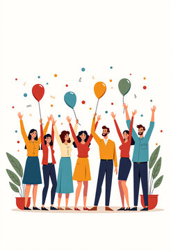 Happy retirement card illustration &ndash; diverse coworkers waving goodbye and celebrating colleague&rsquo;s last day with balloons and confetti, flat vector style for office farewell and goodbye events