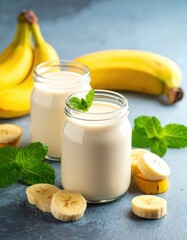 Two smoothie jars, bananas, mint, and banana slices on gray