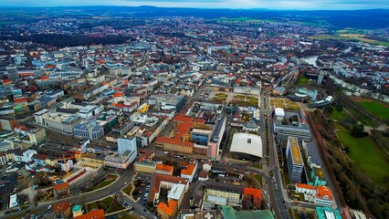 Aerial view of the downtown of the city Kassel in Germany on a cloudy afternoon in autumn