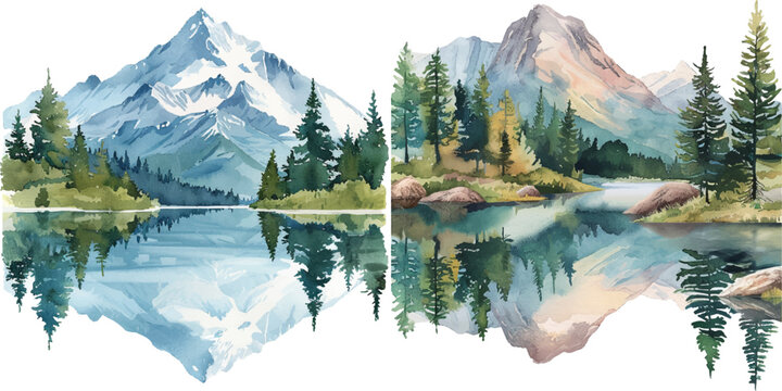 serene mountain lake watercolor vector illustration