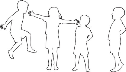 Four Child Silhouettes Vector Illustration Black Line Art Traced Children Playing Jumping Standing Simple Graphic Design