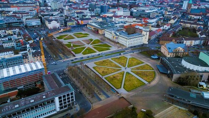 Aerial view of the downtown of the city Kassel in Germany on a cloudy afternoon in autumn