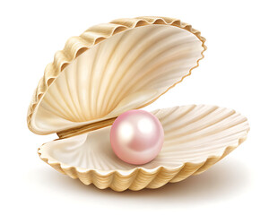 Close up of an open seashell with a pink pearl inside on a white background in a studio setting