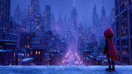 Fototapeta premium Enchanted Cityscape at Night with Heroic Figure Overlooking Snowy Urban Landscape in Vibrant Neon Colors