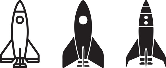 Three Black and White Rocket Silhouettes Vector Illustration Traced Line Art Spacecraft Launch Icons Startup Symbols