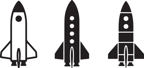 Three Black and White Rocket Ship Silhouettes Vector Illustration Traced Designs Spacecraft Launch Icons Startup Symbols