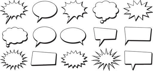 Obraz premium Twelve Black and White Vector Silhouettes of Comic Book Speech Bubbles and Thought Bubbles with Various Shapes Including Circular Oval Rectangular and