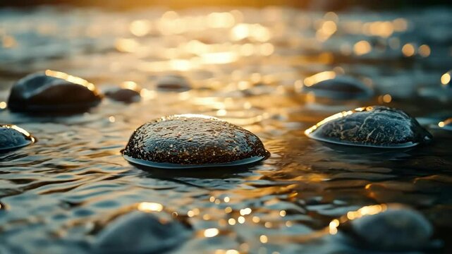 Smooth rocks in shallow water reflect golden sunlight at sunset