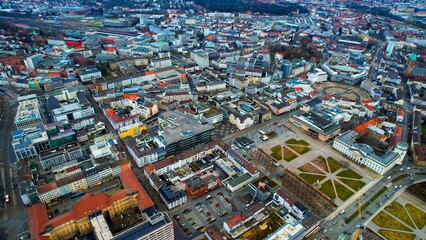 Aerial view of the downtown of the city Kassel in Germany on a cloudy afternoon in autumn