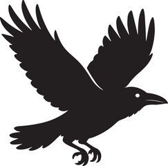 Flying raven bird silhouette in dynamic spread wings pose on white background