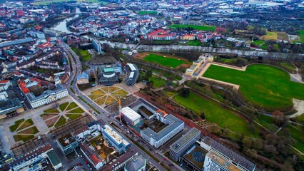 Aerial view of the downtown of the city Kassel in Germany on a cloudy afternoon in autumn