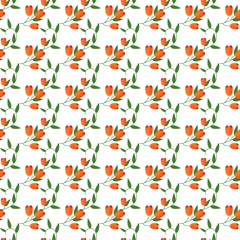 Seamless Pattern of Orange Flowers With Green Leaves on White Background