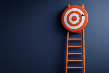 An orange ladder leading to a target with an arrow hitting the bullseye. A concept for reaching business goals, strategy, and success.