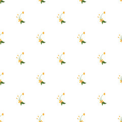 Seamless Pattern of Small Yellow Flowers with Green Leaves on White