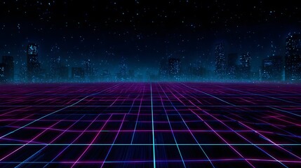 Neon cyberwave abstract background hot pink electric blue synth line retro 80 grid element glowing particle bird eye view over custom night city backdrop ideal retro gaming music event promotion 